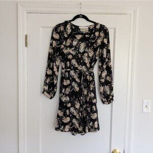 ASTR the Label Floral Wrap Long Sleeve Black/Cream Mini Dress, size S